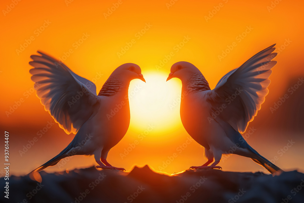 Naklejka premium Two doves spreading wings at golden hour sunset