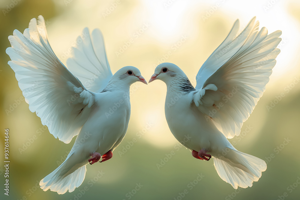 Two white doves flying with spread wings, showing love and harmony Two white doves flying with spread wings, showing love and harmony