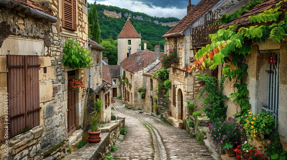 Aerial view of a historic medieval village with stone houses and red tiled roofs surrounded by lush greenery and hills capturing the charm of an ancient European town. Aerial view of a historic medieval village with stone houses and red tiled roofs surrounded by lush greenery and hills capturing the charm of an ancient European town.