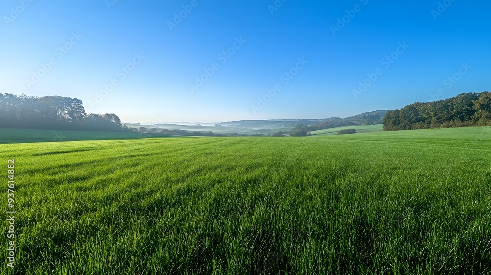 Fototapeta premium Expansive green countryside landscape with clear blue sky on a sunny morning