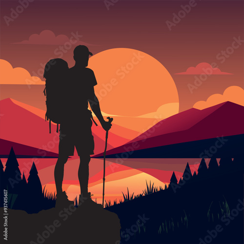 A silhouette vector of mountain adventure hikers