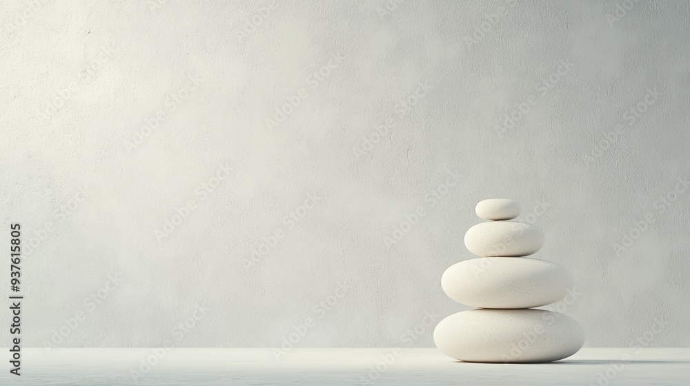 Fototapeta premium Stacked white stones create a peaceful and balanced composition against a soft background, ideal for relaxation and wellness themes.