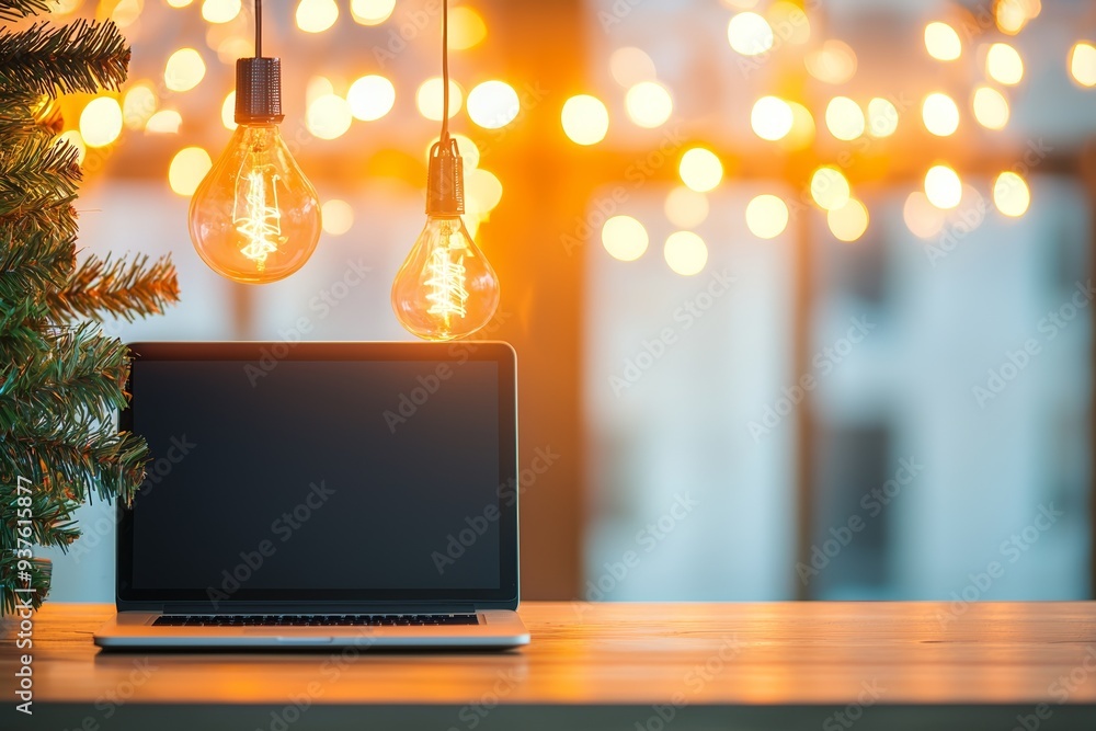 Stylish workspace with a laptop, glowing bulbs, and festive decor, perfect for cozy, creative environments. Stylish workspace with a laptop, glowing bulbs, and festive decor, perfect for cozy, creative environments.