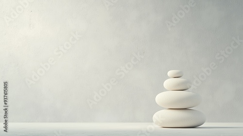 Stacked white stones create a peaceful and balanced composition against a soft background, ideal for relaxation and wellness themes.