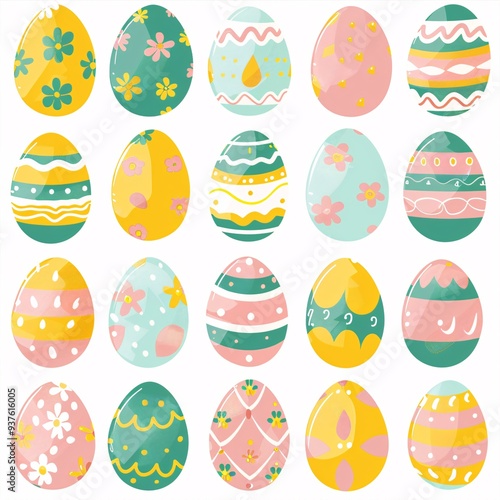 1. Colorful Easter eggs collection, pastel colors, various patterns and designs, stripes, dots, flowers, swirls, geometric shapes, blue, pink, yellow, green eggs, decorated eggs arranged in rows,
