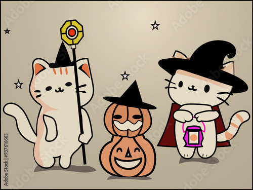 ほっこりハロウィンファンタジー 
ハロウィンを楽しむ2匹のかわいいネコたちが描きました。一匹は魔法使いの帽子をかぶりランタンを持ち、もう一匹はカボチャのランタンと共に微笑んでいます。
