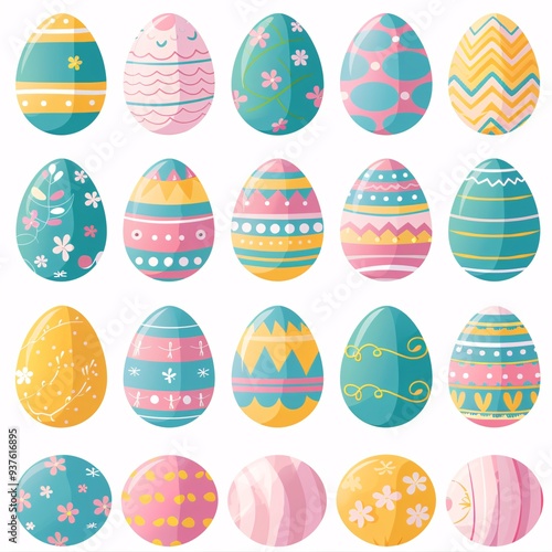 3. Easter eggs in vibrant pastel colors, adorned with various patterns and designs, stripes, dots, floral motifs, swirls, geometric shapes, blue, pink, yellow, green eggs, organized in rows, festive