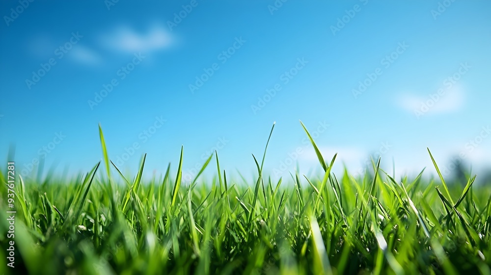 Obraz premium Close up View of Lush Green Grass Under Bright Blue Sky with Clouds