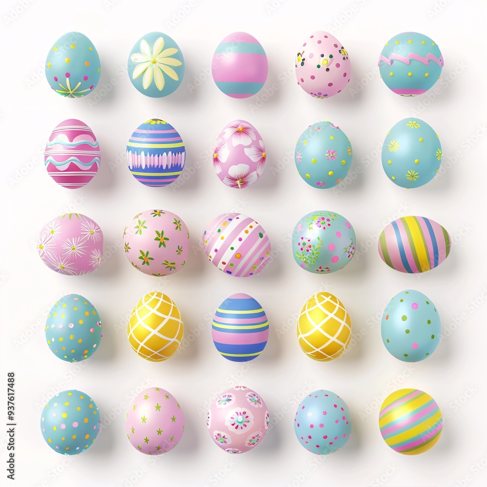 4. Array of colorful Easter eggs, pastel tones, featuring patterns like stripes, dots, flowers, swirls, geometric shapes, eggs in blue, pink, yellow, green, arranged systematically in rows, festive 4. Array of colorful Easter eggs, pastel tones, featuring patterns like stripes, dots, flowers, swirls, geometric shapes, eggs in blue, pink, yellow, green, arranged systematically in rows, festive