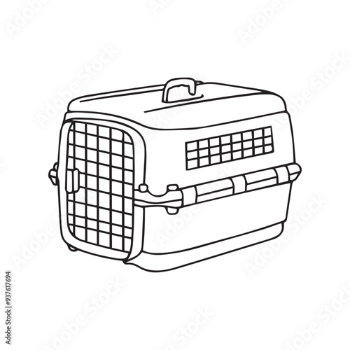 Icon of a carrier for cats, dogs in doodle style. Soft bag with mesh and handles for carrying animals.