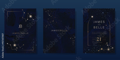 Luxury invitation card design vector set. Elegant wedding card with little star moon sun and space decorative on watercolor navy blue background. Design illustration for cover, poster, gala.