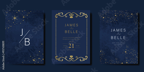 Luxury invitation card design vector set. Elegant wedding card with little star moon sun and space decorative on watercolor navy blue background. Design illustration for cover, poster, gala.