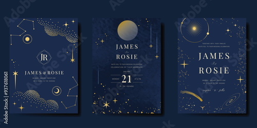 Luxury invitation card design vector set. Elegant wedding card with little star moon sun and space decorative on watercolor navy blue background. Design illustration for cover, poster, gala.
