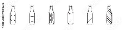Set of linear bottles vector. Icons set of beer bottles. Glass bottles outline set. Bottle stickers vector. Vector illustration.