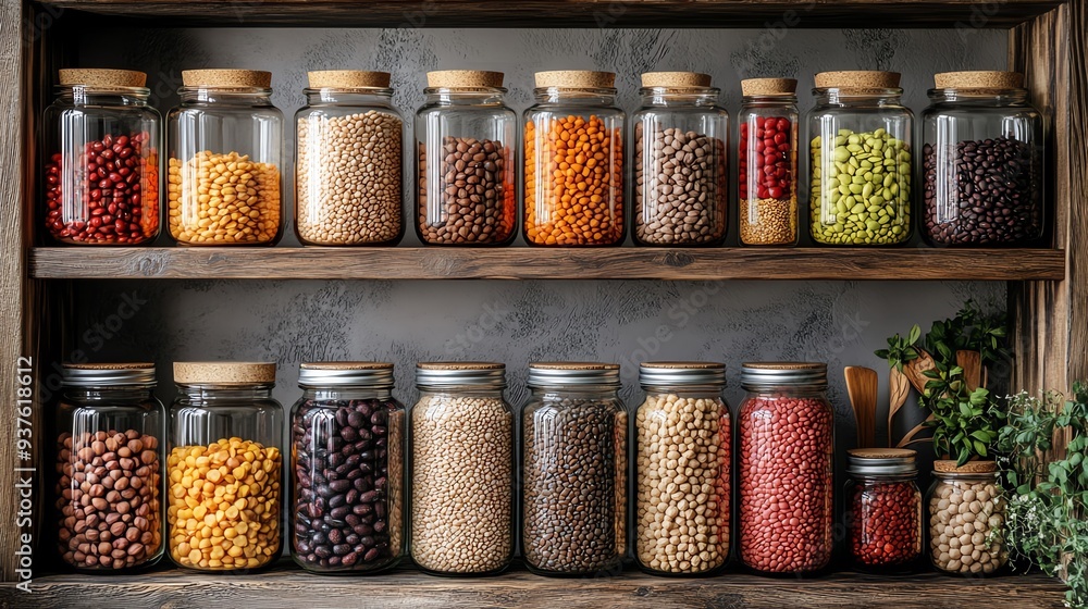 custom made wallpaper toronto digitalA variety of legumes stored in glass jars on a kitchen shelf, Main keyword legumes, Concept organized pantry