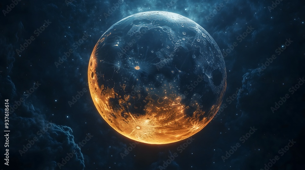 Golden Moon in a Starry Cosmic Sky Sci-Fi Fantasy Digital Art Golden Moon in a Starry Cosmic Sky Sci-Fi Fantasy Digital Art