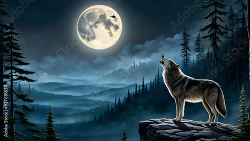 Wallpaper Mural wolf howling at the moon Torontodigital.ca