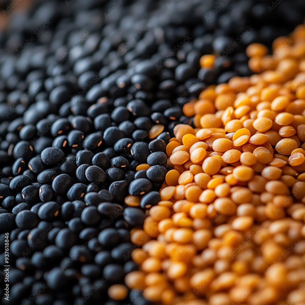 Closeup of black beans and lentils mixed together, Main keyword legumes, Concept rich nutrition Closeup of black beans and lentils mixed together, Main keyword legumes, Concept rich nutrition