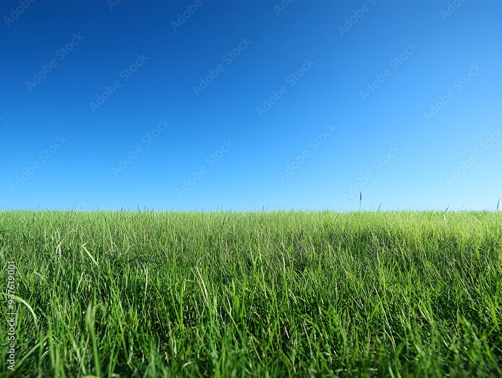 Vast Expansive Green Meadow Under Bright Blue Cloudless Sky in Early Morning Vast Expansive Green Meadow Under Bright Blue Cloudless Sky in Early Morning
