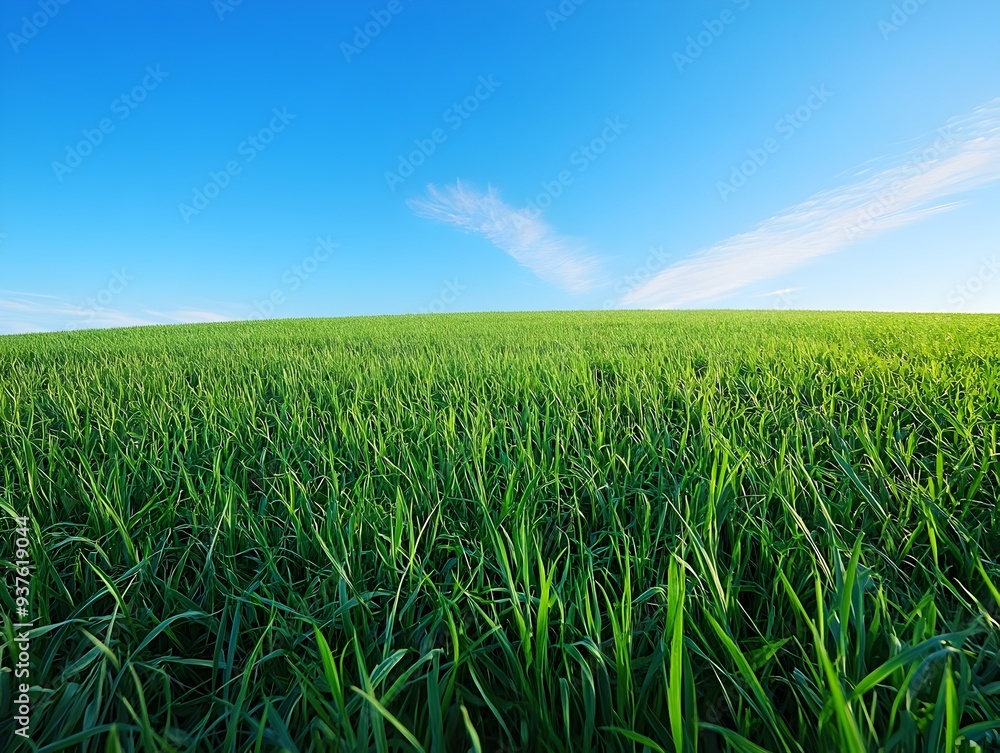 Expansive Green Meadow Under Bright Blue Morning Sky in Peaceful Rural Countryside Landscape Expansive Green Meadow Under Bright Blue Morning Sky in Peaceful Rural Countryside Landscape