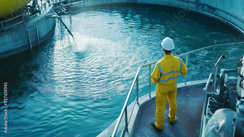 Industrial workers in hard hats walking through water treatment plant or aeration tank in wastewater and sewage treatment plant, industrial water recycling and purification