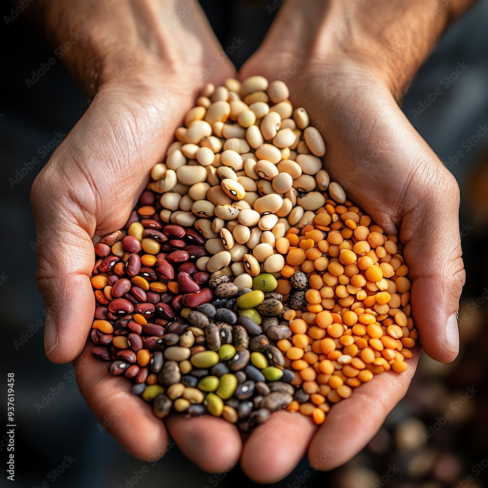 Hands holding a mix of legumes, showcasing different textures and colors, Main keyword legumes, Concept natures variety Hands holding a mix of legumes, showcasing different textures and colors, Main keyword legumes, Concept natures variety