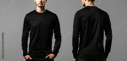 Mock-up template ,Man in a  long-sleeved t-shirt on a gray background,  photo