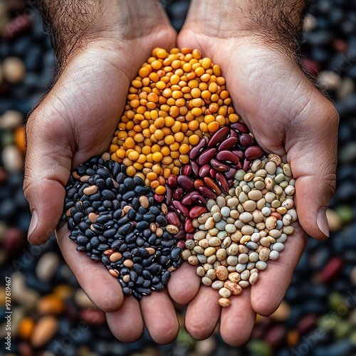 Hands holding a mix of legumes, showcasing different textures and colors, Main keyword legumes, Concept natures variety