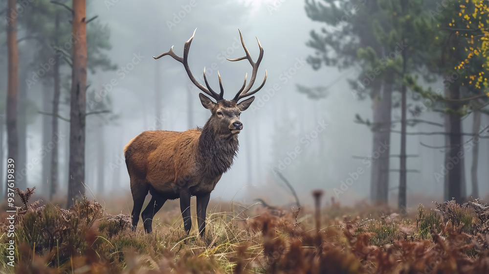 Fototapeta premium Red Deer in Forest: Red deer in a foggy morning forest.