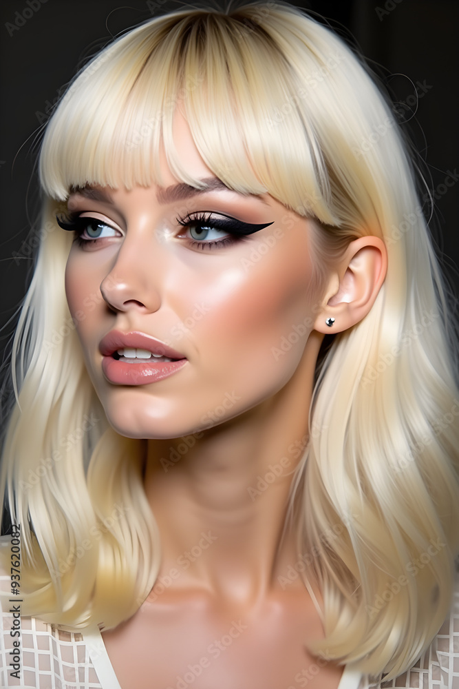 Model with a bang and makeup with liner Model with a bang and makeup with liner