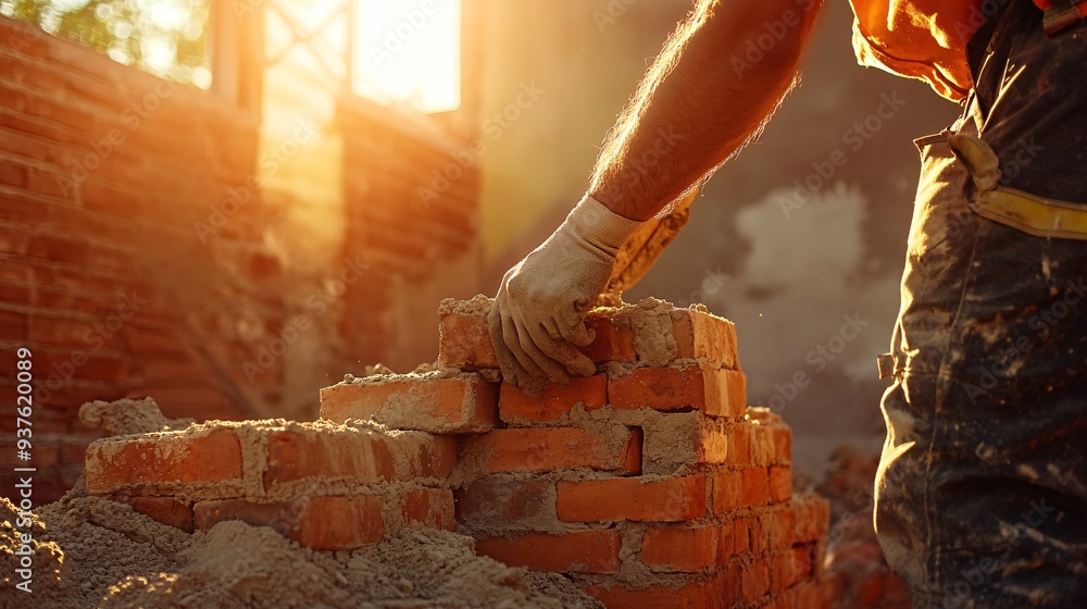 Fototapeta premium Builder applying mortar to bricks in a partially constructed home sunlight casting shadows