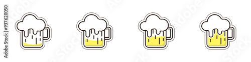 Set of linear beer glasses vector. Beer icons set. Bottles with filling from minimum to maximum. Bottle stickers vector. Vector illustration.