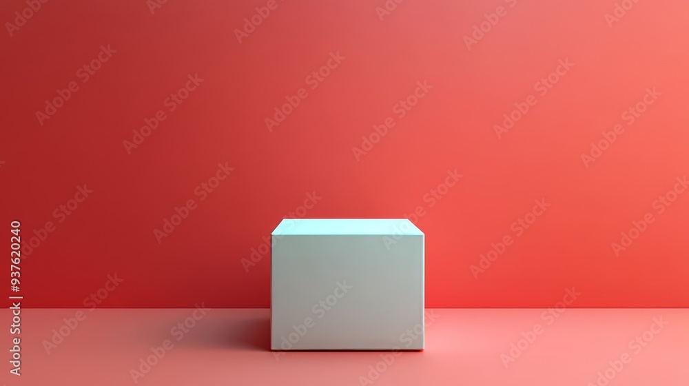 A white box is standing in front of a red wall A white box is standing in front of a red wall