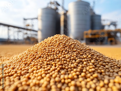 Soybean meal in a farm setting with silos in the background, Main keyword soybean meal, Concept largescale agriculture photo