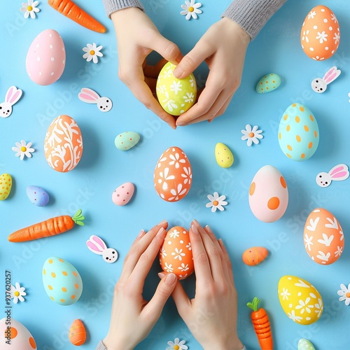 3. Festive Easter collage, vibrant Easter eggs, bunny shapes, carrot illustration, egg-filled basket, human hands with eggs and bunny, happy Easter text, soft pastel colors, blue backdrop, cartoon