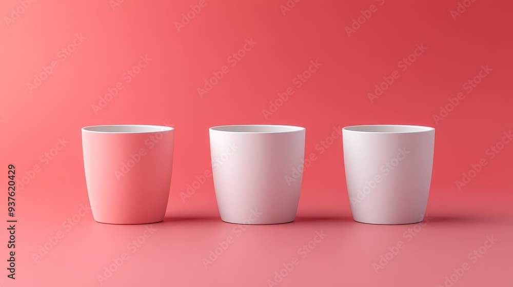 Three white and pink cups are arranged on a red background Three white and pink cups are arranged on a red background