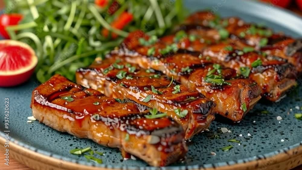 Tantalising roasted lamb ribs accompanied by greens, figs, and vegetables on a blue dish with a demi-glace sauce Tantalising roasted lamb ribs accompanied by greens, figs, and vegetables on a blue dish with a demi-glace sauce