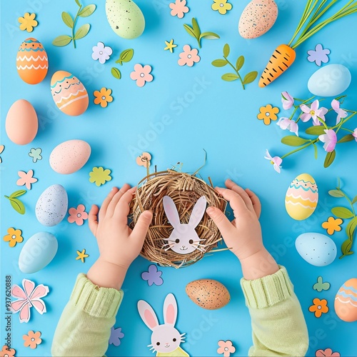 3. Festive Easter collage, vibrant Easter eggs, bunny shapes, carrot illustration, egg-filled basket, human hands with eggs and bunny, happy Easter text, soft pastel colors, blue backdrop, cartoon