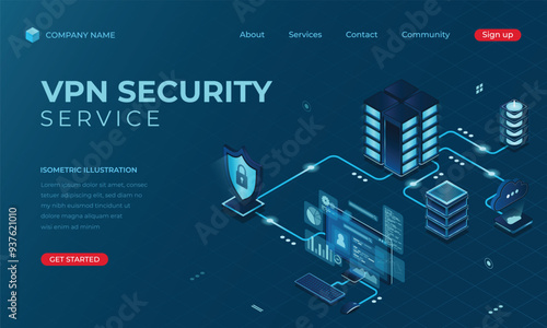 Isometric VPN security landing page concept. Cyber security. Digital technology website landing page. Vector illustration