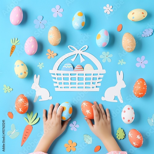 5. Easter collage design, featuring colorful eggs, bunny silhouettes, carrot illustration, basket with eggs, hands holding eggs and bunny, happy Easter text, pastel colors, blue background,