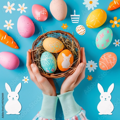 5. Easter collage design, featuring colorful eggs, bunny silhouettes, carrot illustration, basket with eggs, hands holding eggs and bunny, happy Easter text, pastel colors, blue background,
