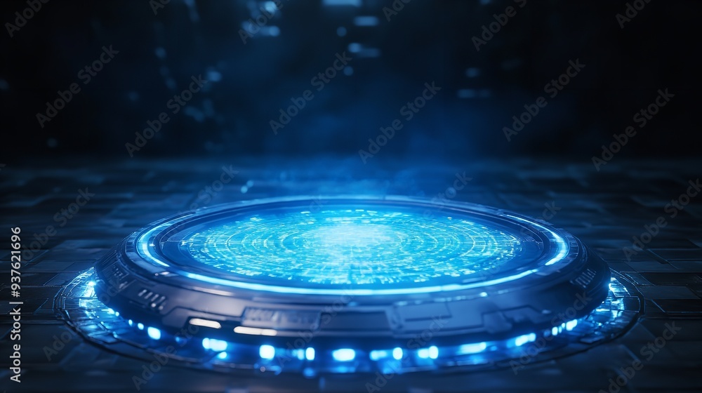 Blue hologram portal Magic fantasy portal Magic circle teleport podium with hologram effect Abstract high tech futuristic technology design Round shape Circle Sci-fi element Blue hologram portal Magic fantasy portal Magic circle teleport podium with hologram effect Abstract high tech futuristic technology design Round shape Circle Sci-fi element