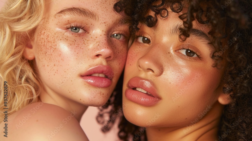 Two models with natural makeup relax together, showcasing their radiant skin and unique features against a soft, pastel backdrop. Their poses reflect genuine connection Two models with natural makeup relax together, showcasing their radiant skin and unique features against a soft, pastel backdrop. Their poses reflect genuine connection