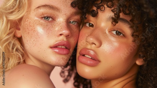 Two models with natural makeup relax together, showcasing their radiant skin and unique features against a soft, pastel backdrop. Their poses reflect genuine connection