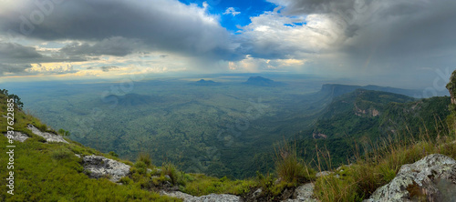 panoramic view of Karamoja's mountain landscapes with Mount Kadam at the background seen from Mount Napak, Uganda 