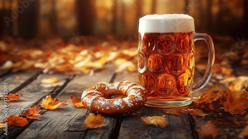 xBeer Mug with Pretzel on Autumn Wooden Table photo