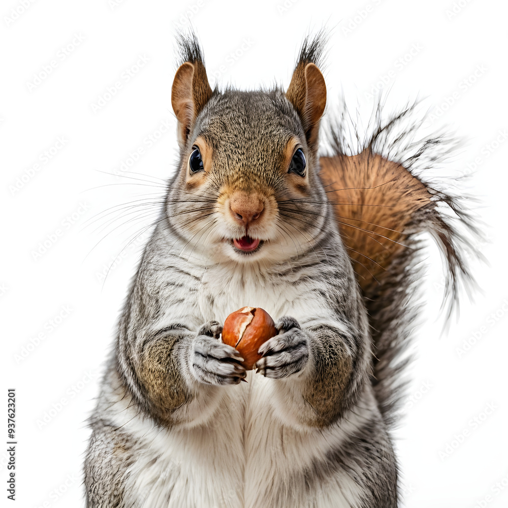 Obraz premium fluffy gray squirrel holding a nut, isolated on white background