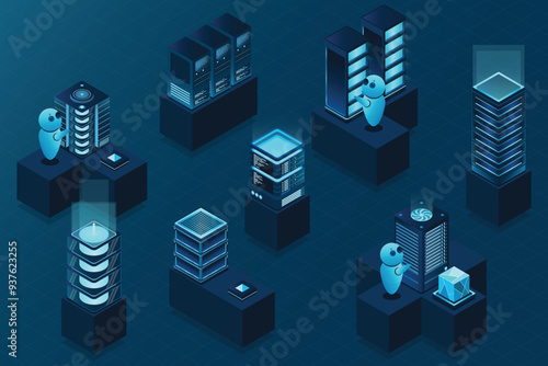 3d isometric concept big data center with server. Cloud computing. Network mainframe infrastructure. Isometric high technology concept