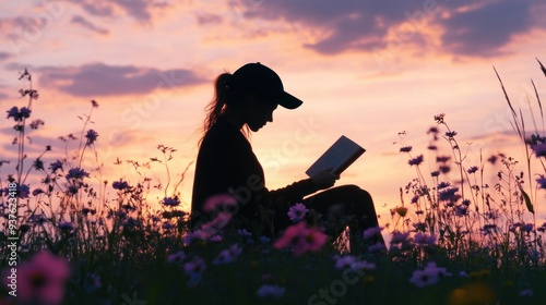 Silhouette of a Woman Reading in a Field of Flowers at Sunset