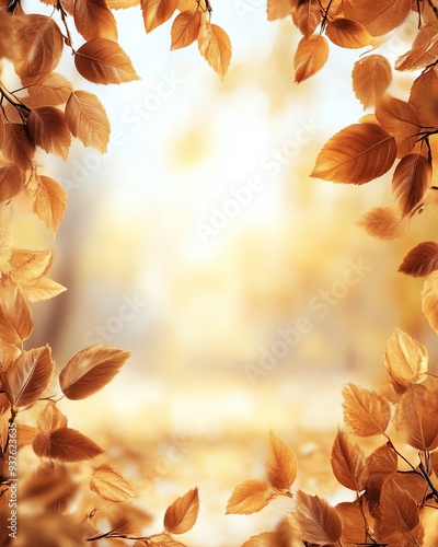 An elegant autumn scene with a blank frame surrounded by a border of golden leaves, soft light reflections, and a sophisticated ambiance photo